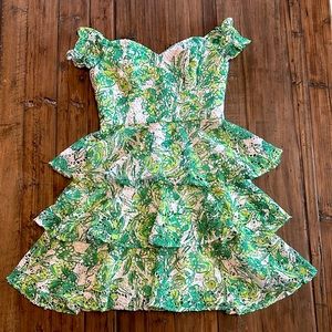 Lilly Pulitzer Cecely off the shoulder Green lace flamingale dress
